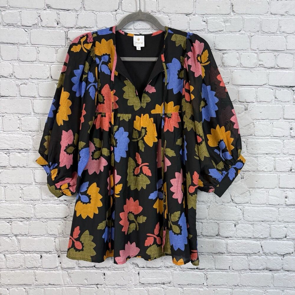 J.Marie Collection Multicolor Floral Print Babydoll Blouse Top Womens Size M